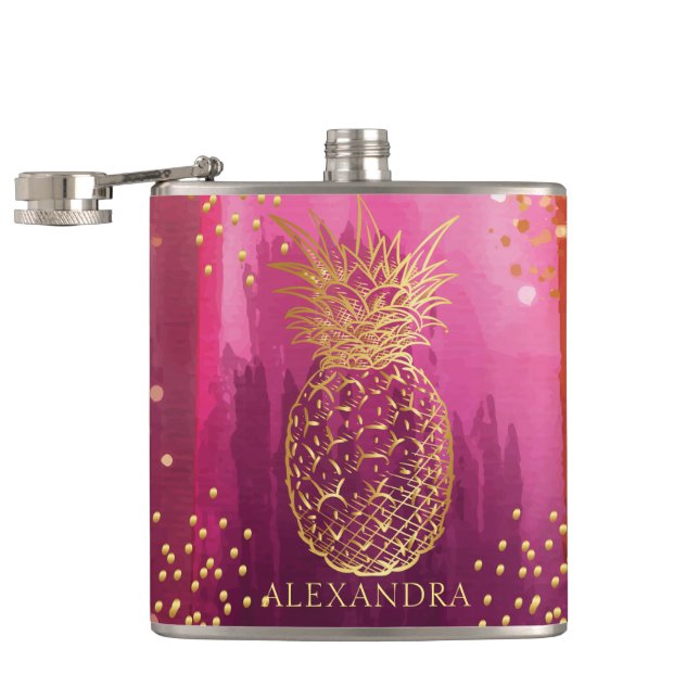 Personalised Pink Gold Pineapple Glitter Hip Flask (Opened)