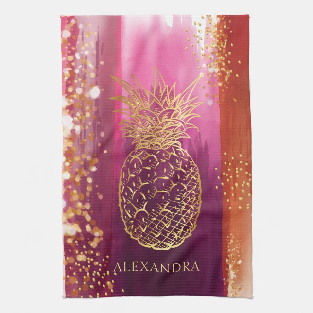 Personalised Pink Gold Pineapple Glitter Tea Towel (Vertical)