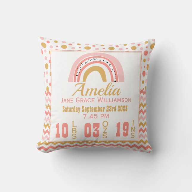 Personalised Pink Gold Rainbow Birth Stats Nursery Cushion (Front)