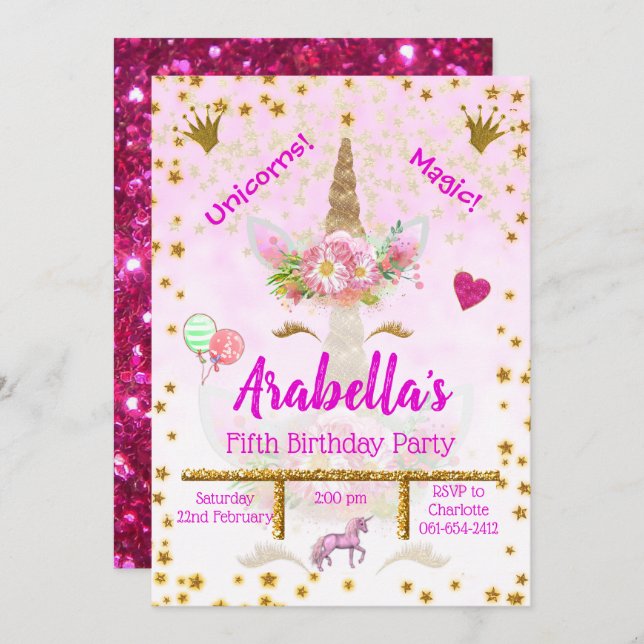 Personalised Pink, Gold Stars Unicorn Birthday Invitation (Front/Back)