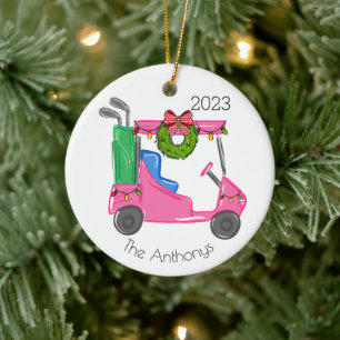 Personalised Pink Golf Cart Christmas Lights Ceramic Ornament
