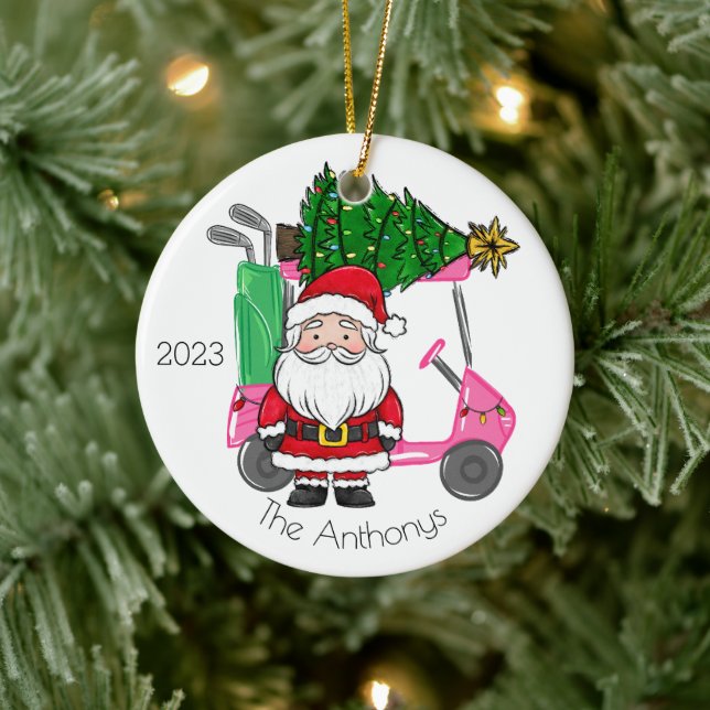 Personalised Pink Golf Cart Santa Christmas Tree Ceramic Ornament (Tree)