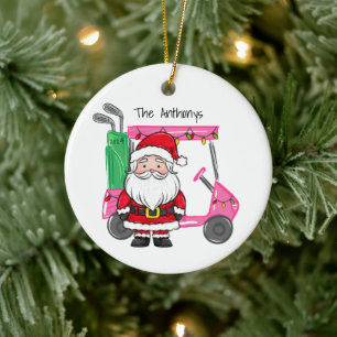 Personalised Pink Golf Cart Santa Christmas Year Ceramic Ornament