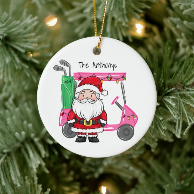 Personalised Pink Golf Cart Santa Christmas Year Ceramic Ornament (Tree)