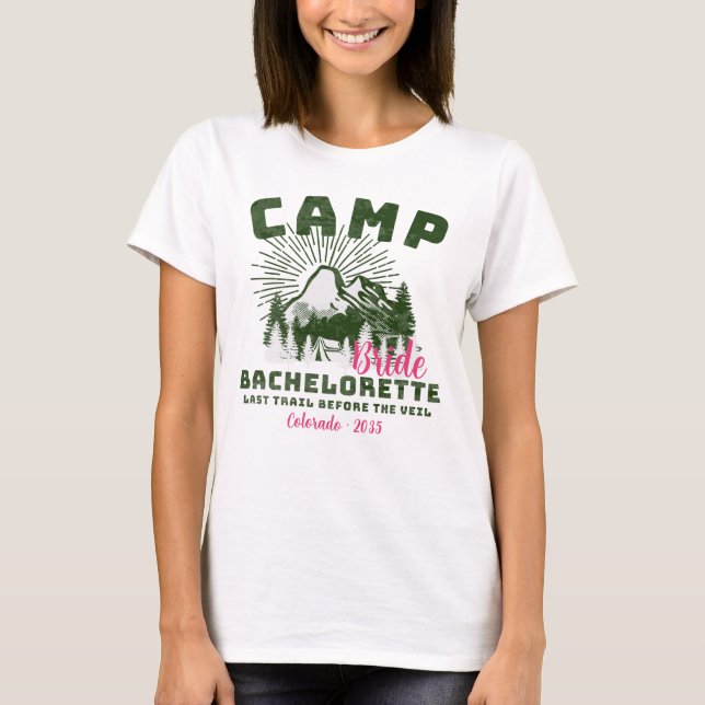 Personalised Pink Green Camp Bachelorette Bride T-Shirt (Front)