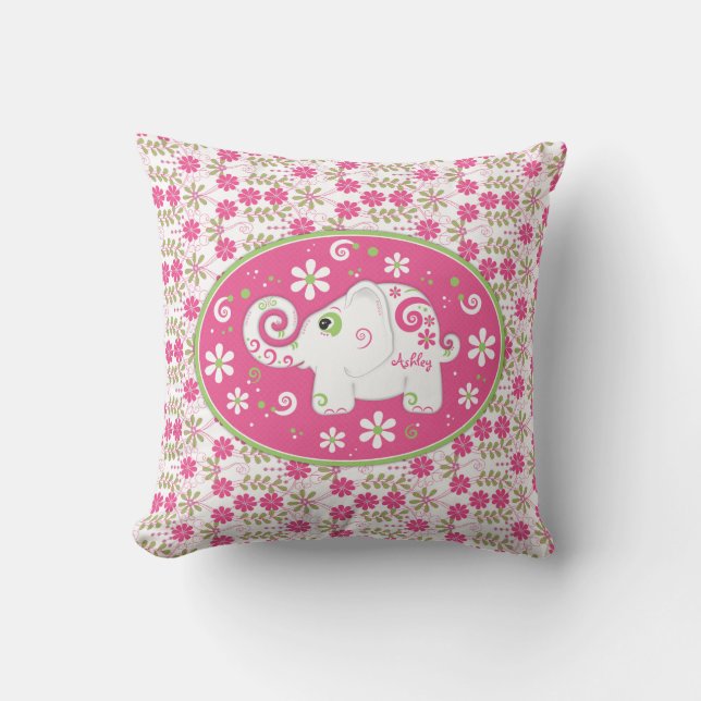 Personalised Pink Green Elephant Daisy Floral Cushion (Front)