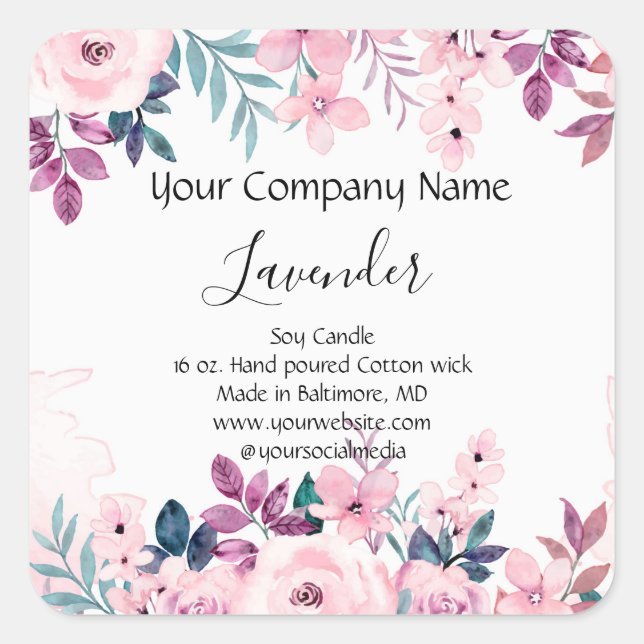 Personalised Pink Green Floral Candle Label (Front)