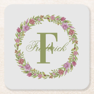 Personalised Pink Green Floral Last Name Monogram Square Paper Coaster