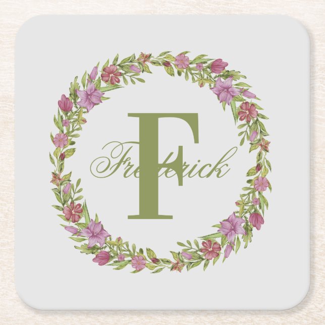 Personalised Pink Green Floral Last Name Monogram Square Paper Coaster (Front)