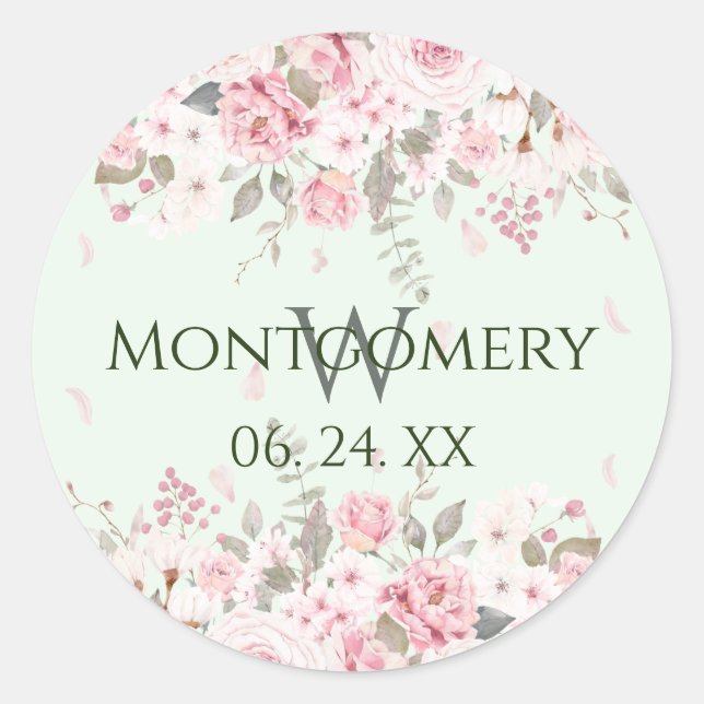 Personalised Pink Green Floral Spray Classic Round Sticker (Front)