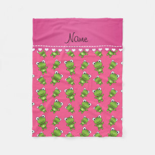 Personalised pink green frogs pink heart stripe fleece blanket
