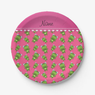 Personalised pink green frogs pink heart stripe paper plate
