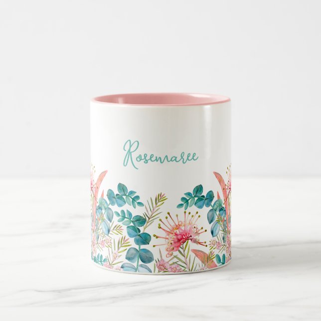 Personalised Pink Grevillea and Eucalyptus Two-Tone Coffee Mug (Center)