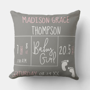 Personalised Pink Grey Birth Stat Name Cushion