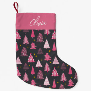 Personalised Pink & Grey Christmas Tree Pattern Small Christmas Stocking