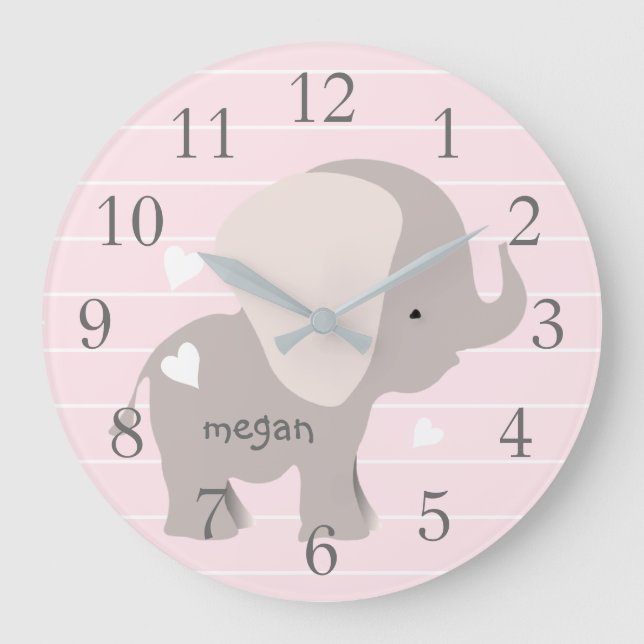 Personalised Pink Grey Elephant Nursery Wall Clock (Front)