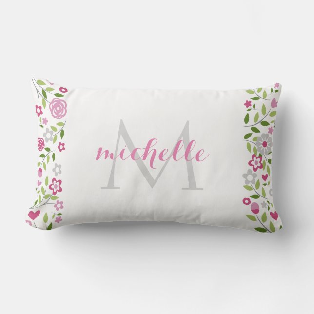 Personalised Pink Grey Floral Monogram Pattern Lumbar Cushion (Front)