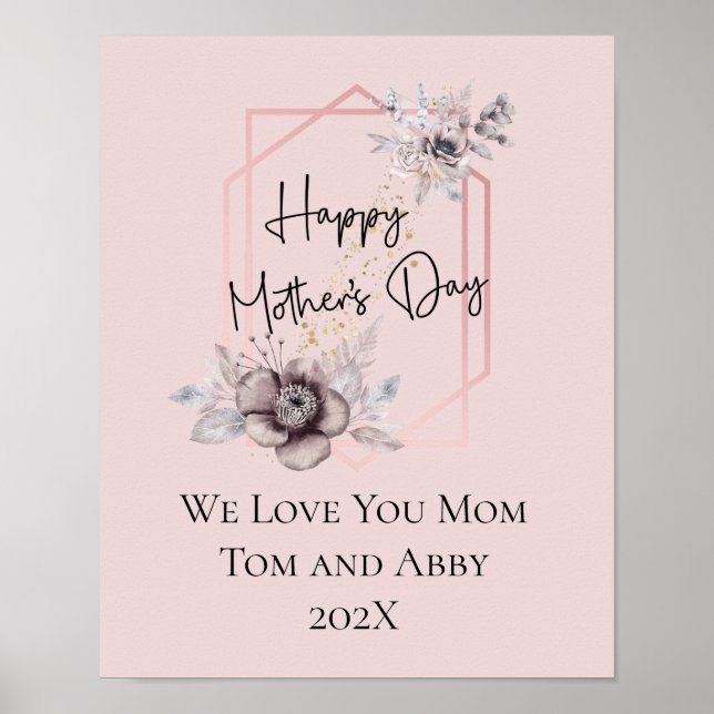 Personalised Pink Grey Floral Mother's Day Gift  Poster (Front)