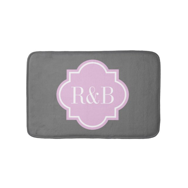 Personalised pink grey monogram non slip bath mat (Front)