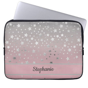 Personalised Pink Grey Stars Ombre Stylish Chic Laptop Sleeve