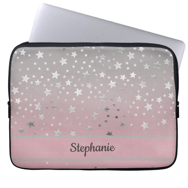 Personalised Pink Grey Stars Ombre Stylish Chic  Laptop Sleeve (Front)