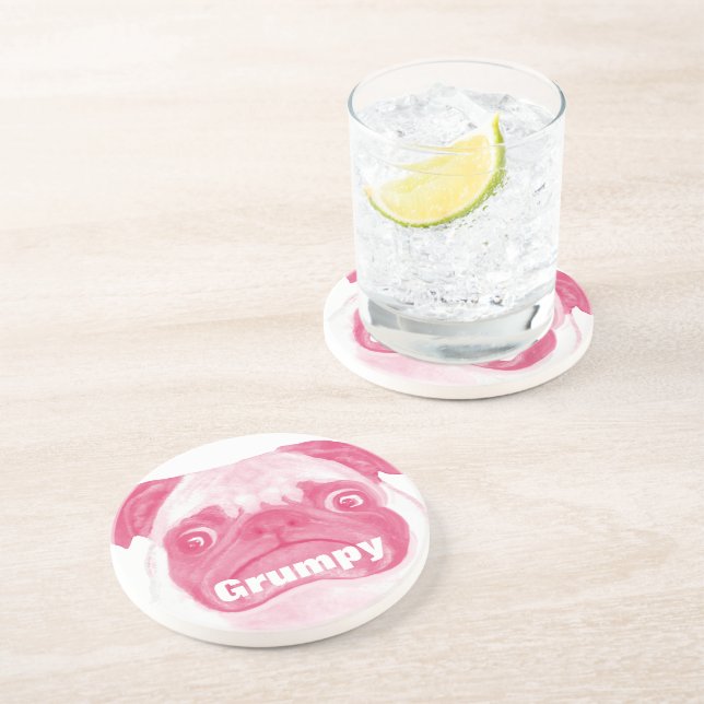 Personalised PINK Grumpy Puggy Coaster (Side)
