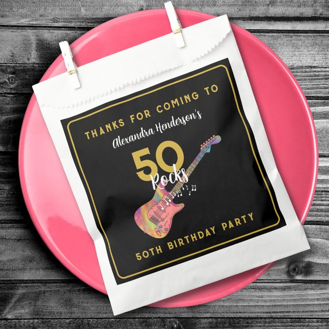 Personalised Pink Guitar 50th Birthday Thank You Favour Bag (50 Rocks cool pink guitar black and gold custom 50th birthday party thank you favor bag)