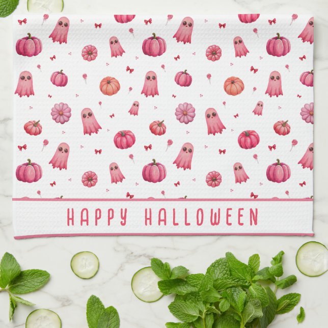 Personalised Pink Halloween Pumpkins Tea Towel (Folded)