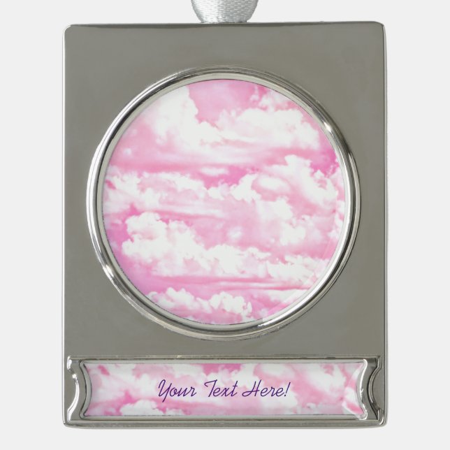 Personalised Pink Happy Clouds Silver Plated Banner Ornament (Front)