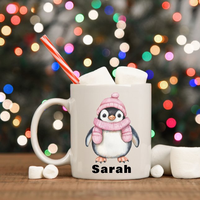 Personalised Pink Hat Penguin Custom Name Coffee Mug (Personalized Pink Hat Penguin Custom Name Coffee Mug
)