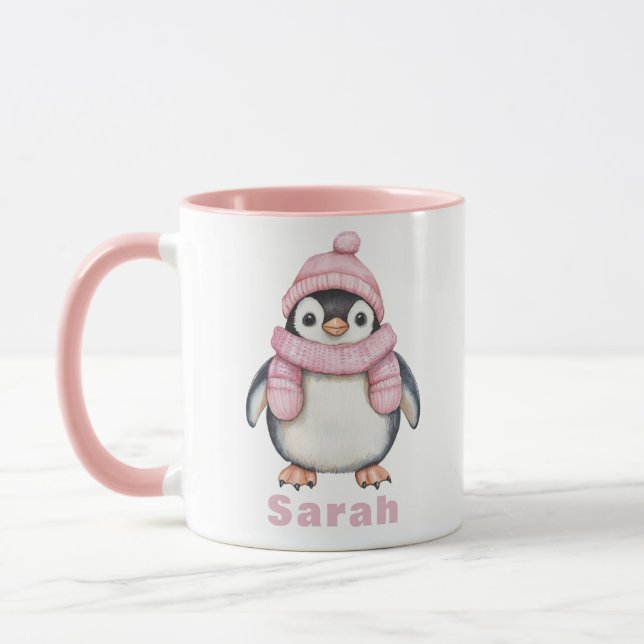 Personalised Pink Hat Penguin Custom Name Mug (Left)