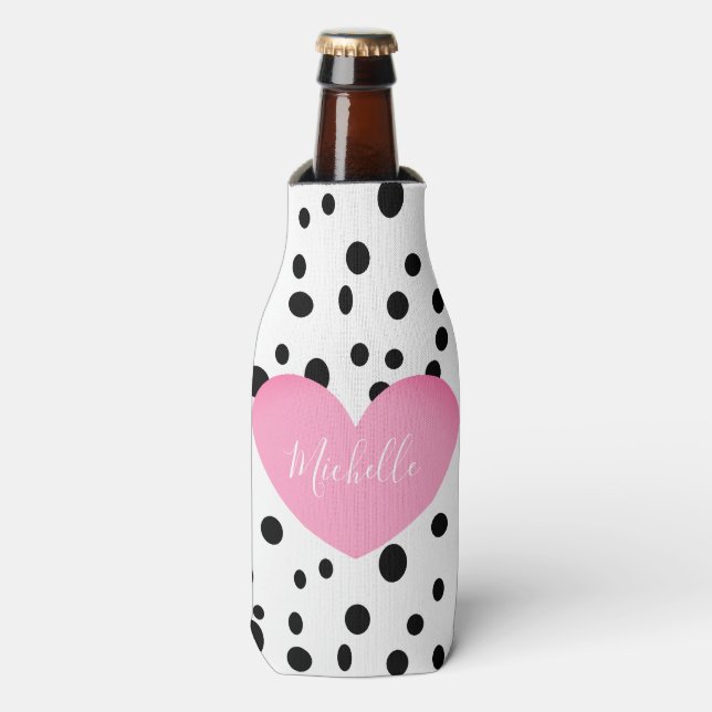 Personalised Pink Heart and Dots Bottle Cooler (Bottle Front)