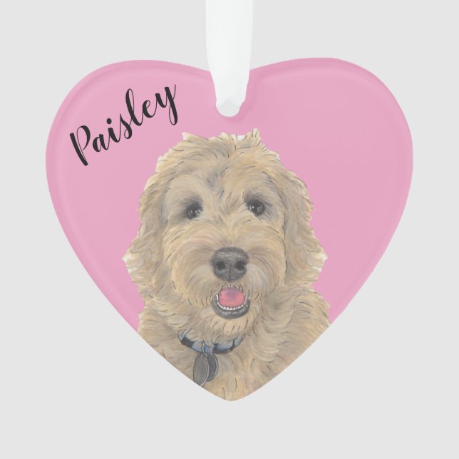 Personalised Pink Heart Apricot Golden Doodle Ornament (Front)