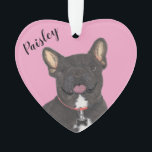 Personalised Pink Heart Black Brindle Frenchie Ornament<br><div class="desc">I am in love with this beautifully detailed watercolor illustration of a black brindle frenchie or french bulldog on a sweet pink heart! Personalise these pastel ornaments and make the nice list this year! For the perfect presents, pair it with a matching item from the collection for a thoughtful housewarming,...</div>