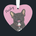 Personalised Pink Heart Black Brindle Frenchie Ornament<br><div class="desc">I am in love with this beautifully detailed watercolor illustration of a black brindle frenchie or french bulldog on a sweet pink heart! Personalise these pastel ornaments and make the nice list this year! For the perfect presents, pair it with a matching item from the collection for a thoughtful housewarming,...</div>