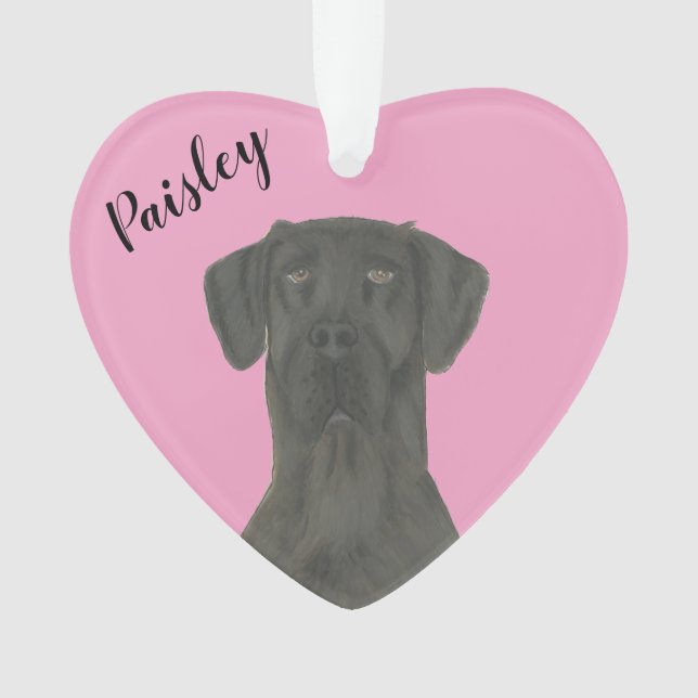 Personalised Pink Heart Black Great Dane Ornament (Front)