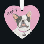 Personalised Pink Heart Black White Pied Frenchie Ornament<br><div class="desc">I am in love with this beautifully detailed watercolor illustration of a blue and white pied frenchie or french bulldog on a sweet pink heart! Personalise these pastel ornaments and make the nice list this year! For the perfect presents, pair it with a matching item from the collection for a...</div>