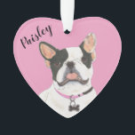 Personalised Pink Heart Black White Pied Frenchie Ornament<br><div class="desc">I am in love with this beautifully detailed watercolor illustration of a blue and white pied frenchie or french bulldog on a sweet pink heart! Personalise these pastel ornaments and make the nice list this year! For the perfect presents, pair it with a matching item from the collection for a...</div>