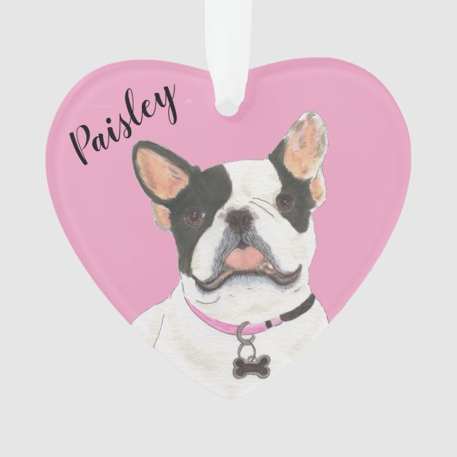 Personalised Pink Heart Black White Pied Frenchie Ornament (Front)