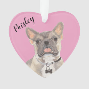 Personalised Pink Heart Blue Fawn Tricolo Frenchie Ornament