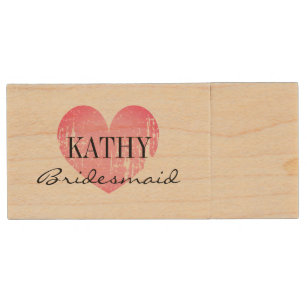 Personalised pink heart bridesmaid party favour wood USB flash drive