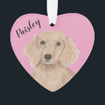Personalised Pink Heart English Red Dachshund Ornament<br><div class="desc">I am in love with this beautifully detailed watercolor illustration of an english long haired red dachshund on a sweet pink heart! Personalise these pastel ornaments and make the nice list this year! For the perfect presents, pair it with a matching item from the collection for a thoughtful housewarming, bridal...</div>
