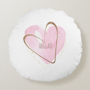 Personalised Pink Heart Glam White Girl's Round Cushion