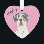 Personalised Pink Heart Harlequin Great Dane Ornament<br><div class="desc">I am in love with this beautifully detailed watercolor illustration of a harlequin great dane on a sweet pink heart! Personalise these pastel ornaments and make the nice list this year! For the perfect presents, pair it with a matching item from the collection for a thoughtful housewarming, bridal shower, teacher,...</div>