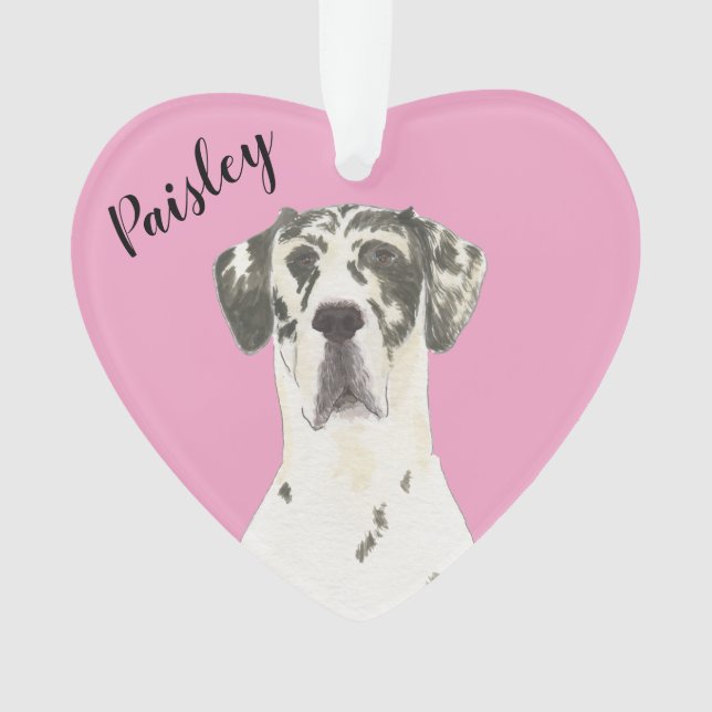 Personalised Pink Heart Harlequin Great Dane Ornament (Front)