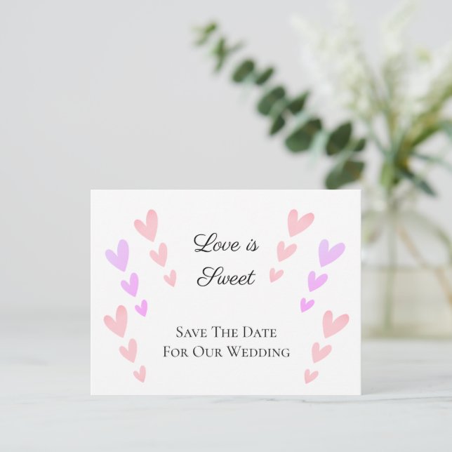 Personalised Pink Heart Love Is Sweet Wedding Save Announcement Postcard (Standing Front)