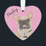 Personalised Pink Heart Masked Frenchie Ornament<br><div class="desc">I am in love with this beautifully detailed watercolor illustration of a masked frenchie or french bulldog on a sweet pink heart! Personalise these pastel ornaments and make the nice list this year! For the perfect presents, pair it with a matching item from the collection for a thoughtful housewarming, bridal...</div>