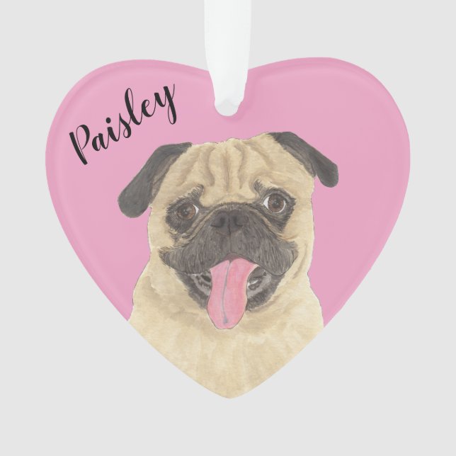 Personalised Pink Heart Pug Ornament (Front)