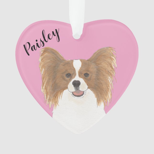 Personalised Pink Heart Red and White Papillon  Ornament (Front)