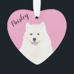 Personalised Pink Heart Samoyed Eskimo Dog Ornament<br><div class="desc">I am in love with this beautifully detailed watercolor illustration of a tricolor samoyed or american eskimo on a sweet pink heart! Personalise these pastel ornaments and make the nice list this year! For the perfect presents, pair it with a matching item from the collection for a thoughtful housewarming, bridal...</div>